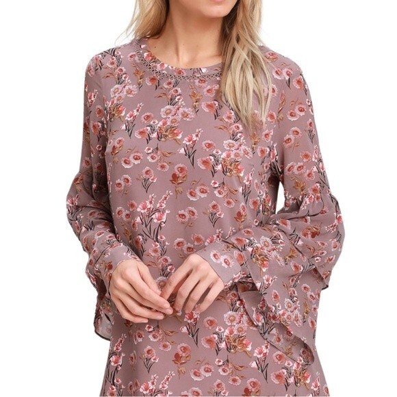 Lulus Day Date Mauve Floral Print Tiered Flounce Sleeve Mini Dress Size Medium - Picture 6 of 13